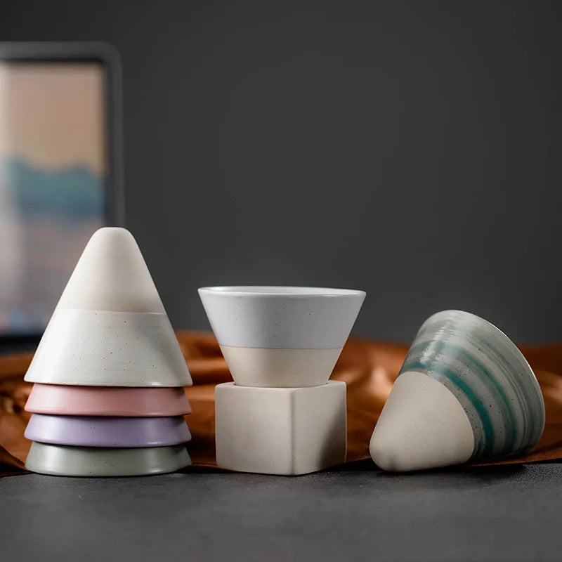 Retro Japanese Triangular Cone Shape Pottery Tea and Coffee Cup