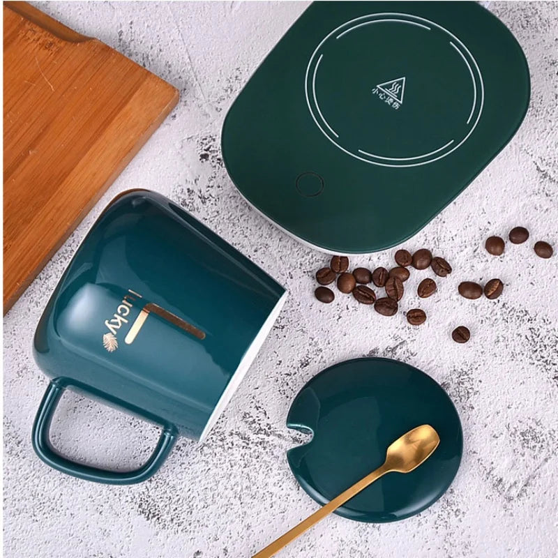 Ceramic Coffee Thermostatic Cup with Spoon and Lid - Portable Gift Box Set 