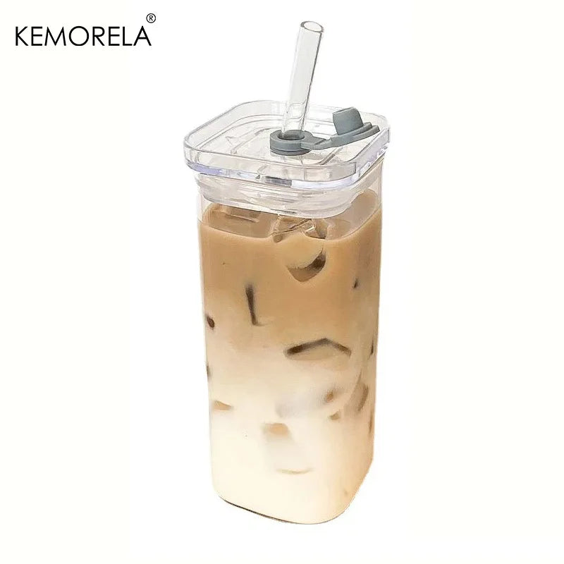 Stylish Square Heat-Resistant Coffee Glass with Lid and Straw