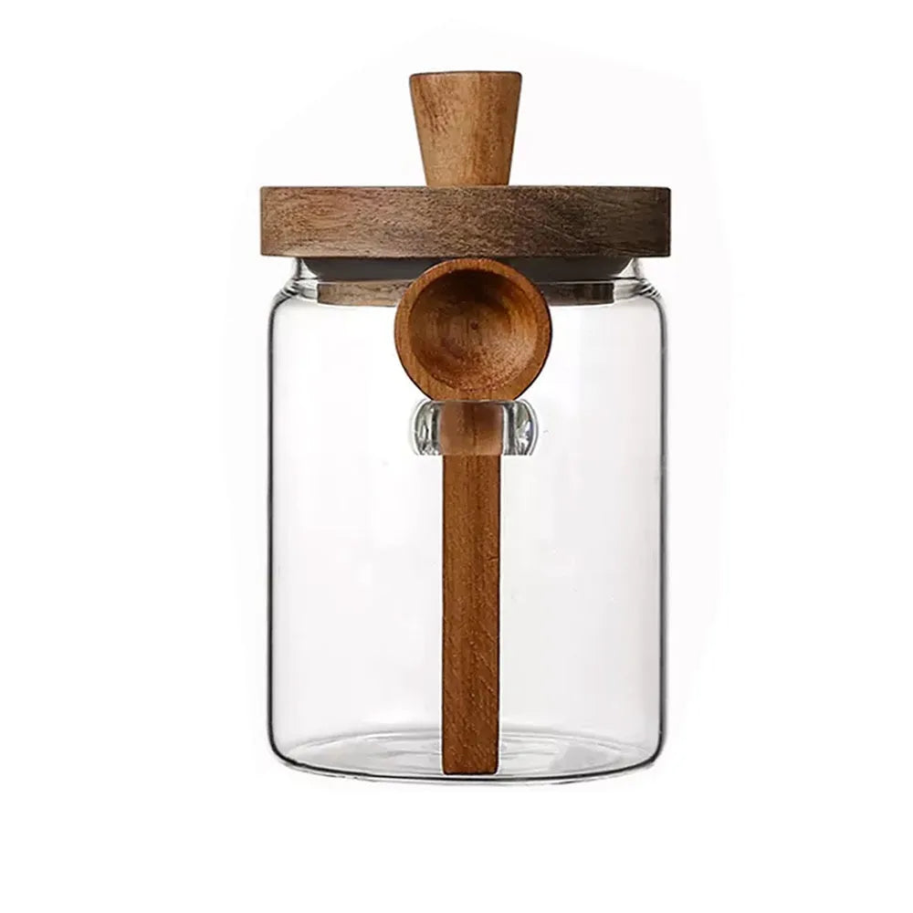 Moisture-Proof Coffee Bean Storage Jar with Wooden Lid and Wood Spoon