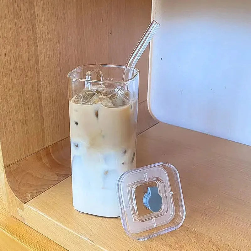 Stylish Square Heat-Resistant Coffee Glass with Lid and Straw