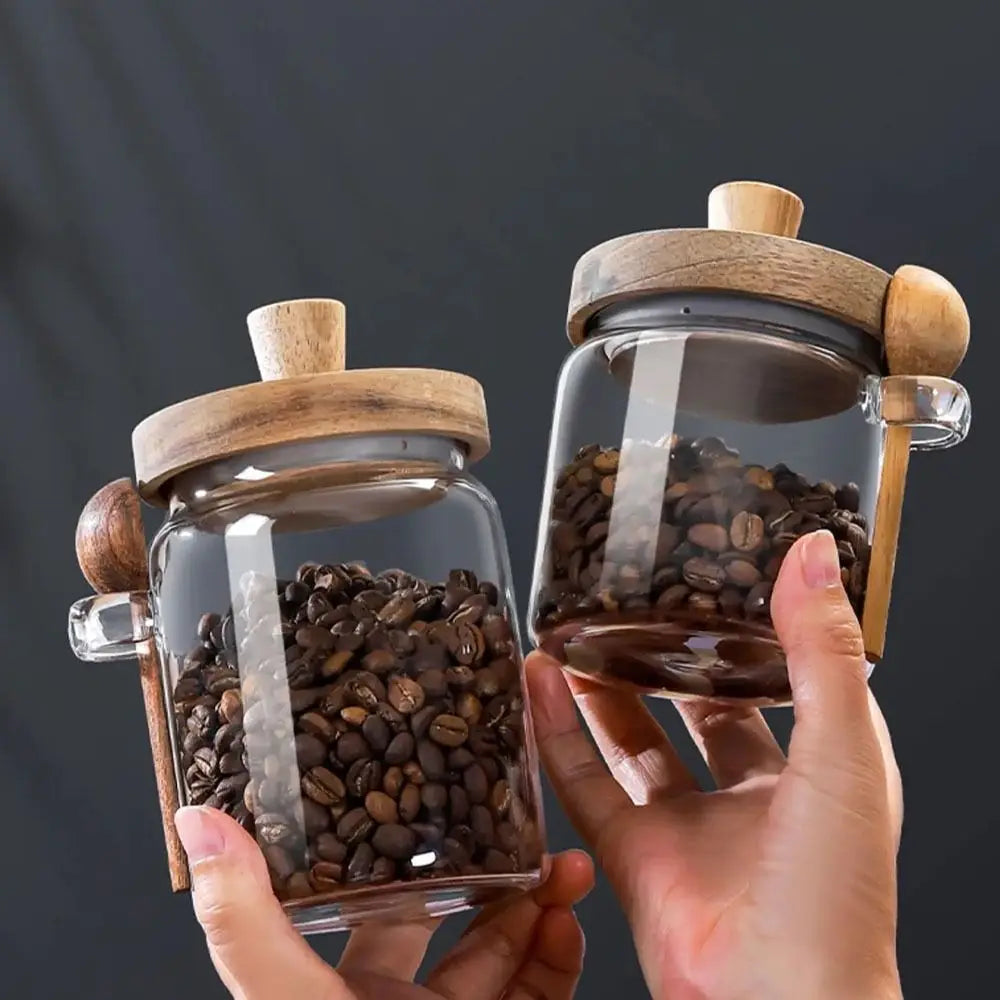 Moisture-Proof Coffee Bean Storage Jar with Wooden Lid and Wood Spoon