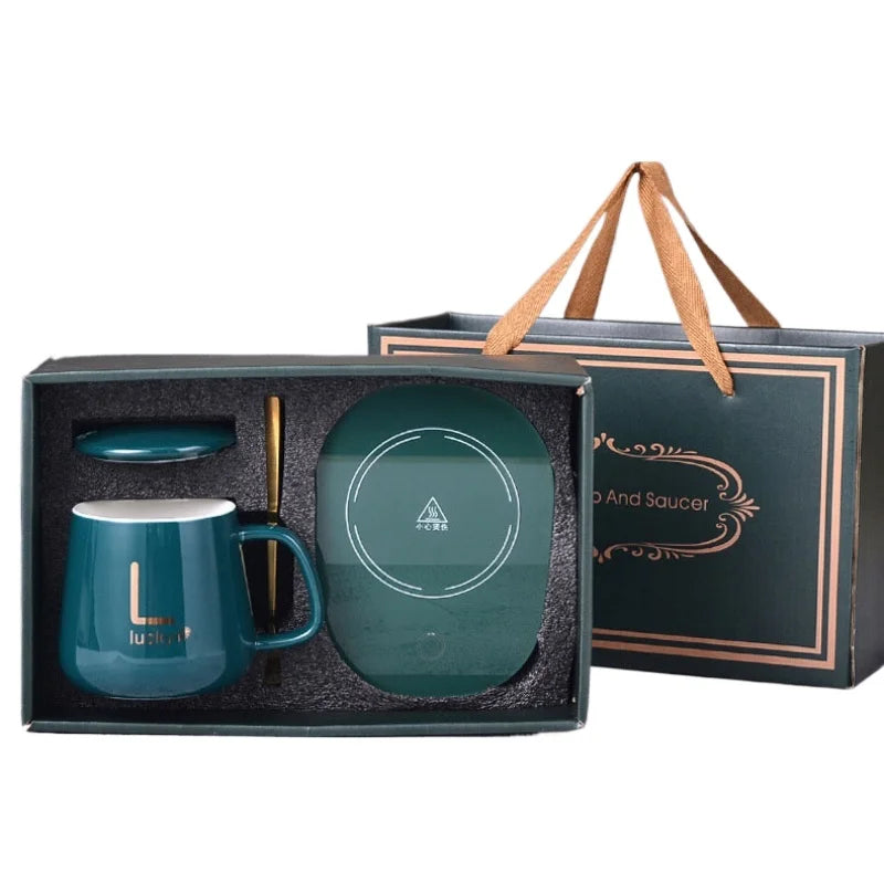 Ceramic Coffee Thermostatic Cup with Spoon and Lid - Portable Gift Box Set 