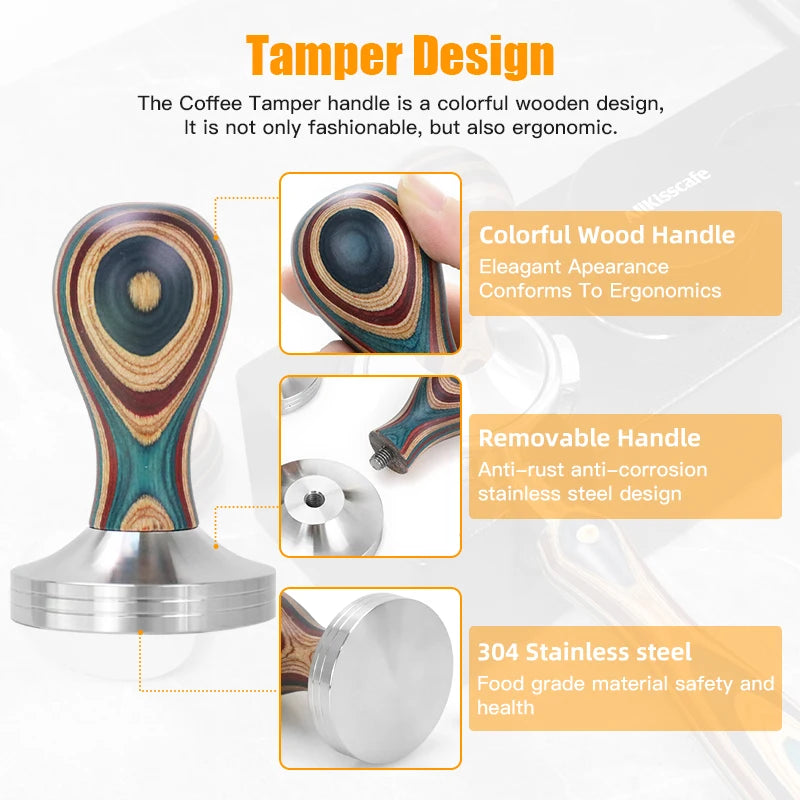 Colourful Stylish Premium Coffee Tamper – Stainless Steel & Wood - Multiple Sizes
