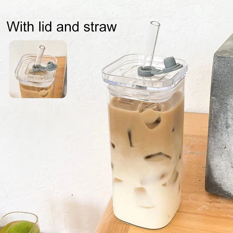 Stylish Square Heat-Resistant Coffee Glass with Lid and Straw