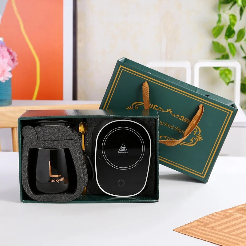 Ceramic Coffee Thermostatic Cup with Spoon and Lid - Portable Gift Box Set 