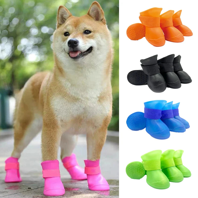 4 Waterproof Anti-Slip Pet Rain Boots – Durable Rubber Shoes for Outdoor Paw Protections