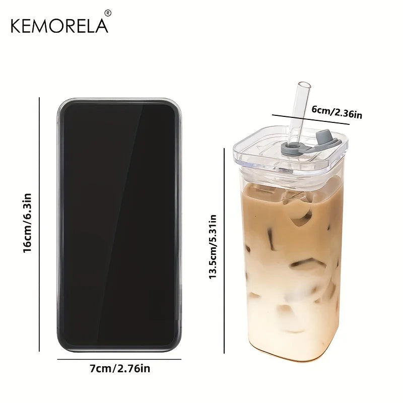 Stylish Square Heat-Resistant Coffee Glass with Lid and Straw