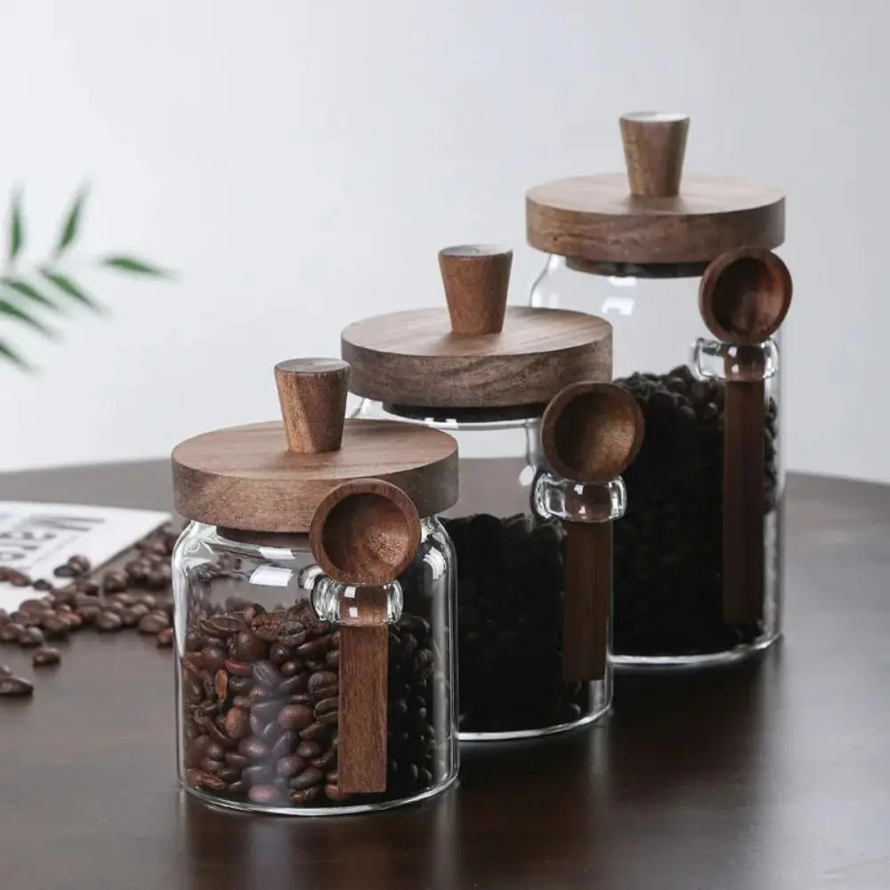 Moisture-Proof Coffee Bean Storage Jar with Wooden Lid and Wood Spoon