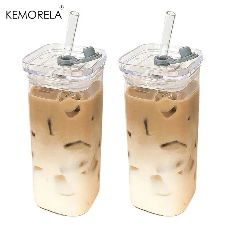 Stylish Square Heat-Resistant Coffee Glass with Lid and Straw