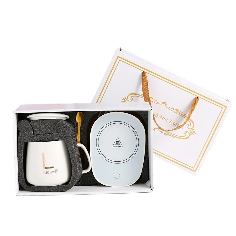 Ceramic Coffee Thermostatic Cup with Spoon and Lid - Portable Gift Box Set 