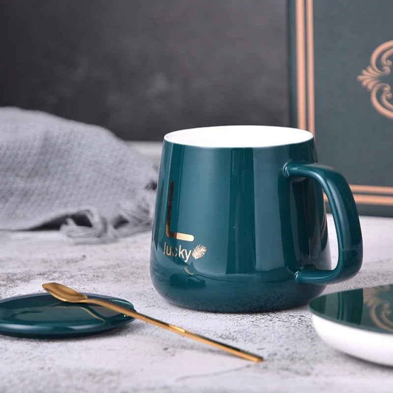 Ceramic Coffee Thermostatic Cup with Spoon and Lid - Portable Gift Box Set 