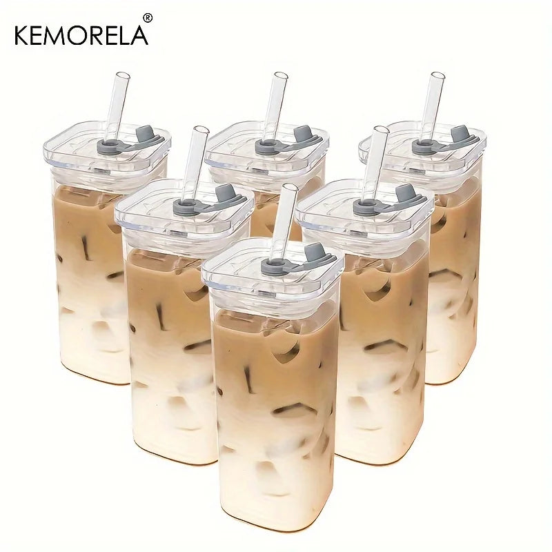 Stylish Square Heat-Resistant Coffee Glass with Lid and Straw