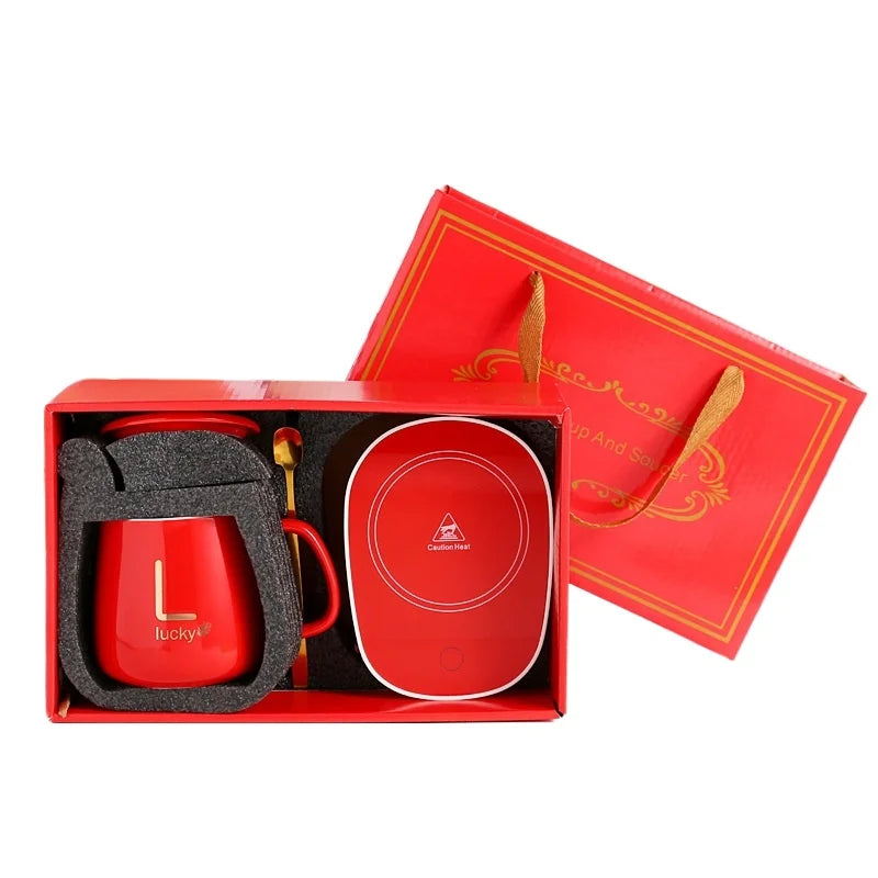 Ceramic Coffee Thermostatic Cup with Spoon and Lid - Portable Gift Box Set 