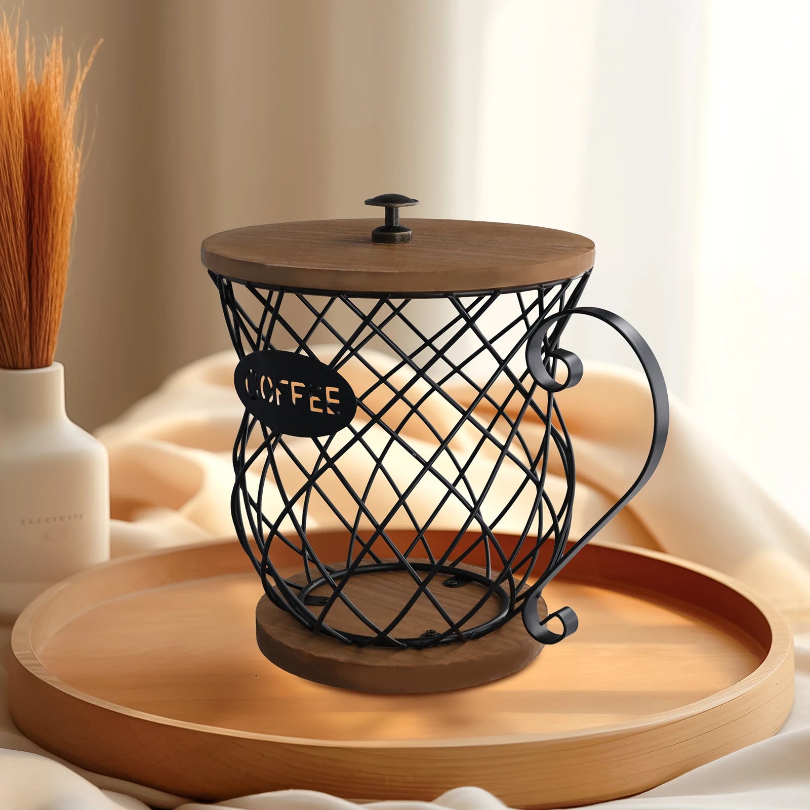 Stylish Cup Style Iron Coffee Pod Holder with Lid