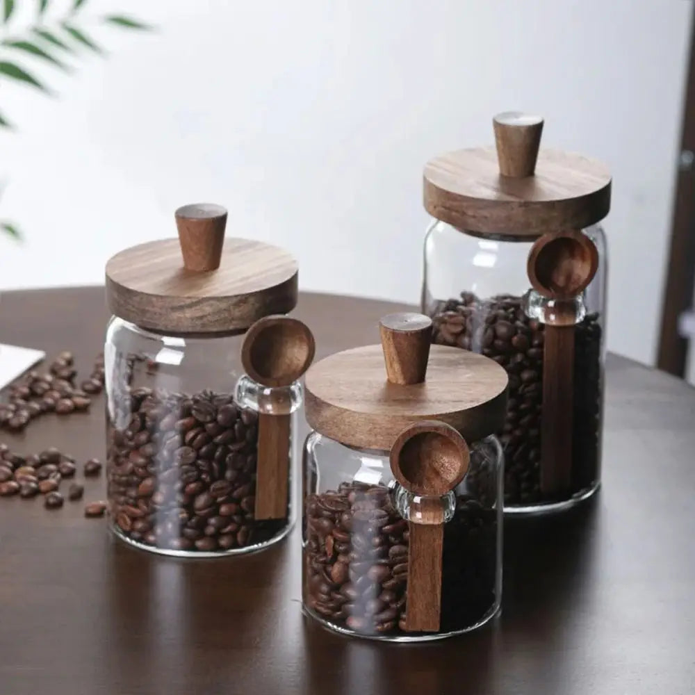 Moisture-Proof Coffee Bean Storage Jar with Wooden Lid and Wood Spoon