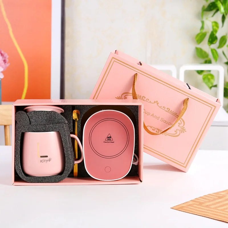 Ceramic Coffee Thermostatic Cup with Spoon and Lid - Portable Gift Box Set 