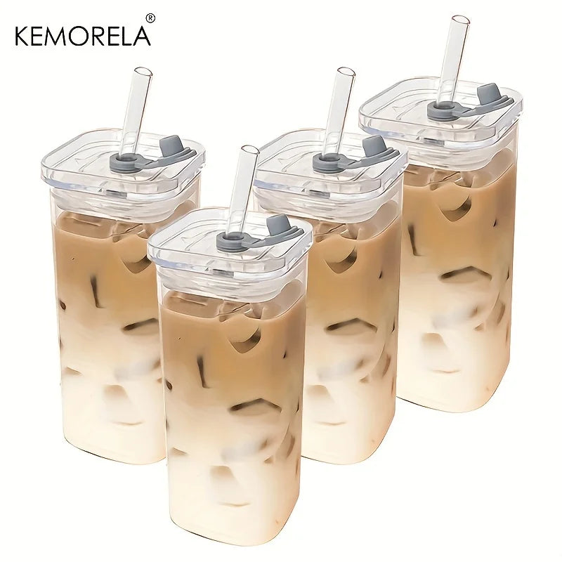 Stylish Square Heat-Resistant Coffee Glass with Lid and Straw