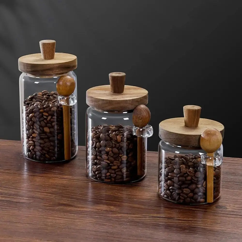Moisture-Proof Coffee Bean Storage Jar with Wooden Lid and Wood Spoon