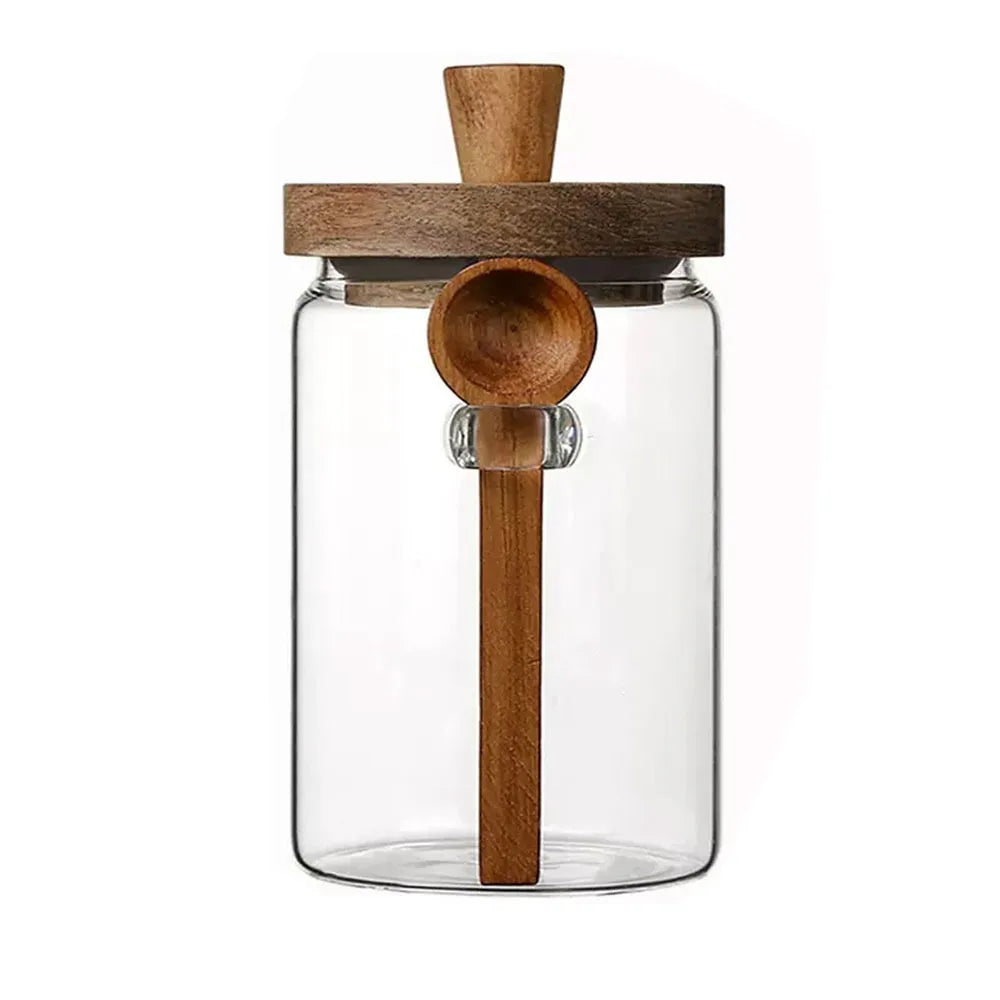 Moisture-Proof Coffee Bean Storage Jar with Wooden Lid and Wood Spoon