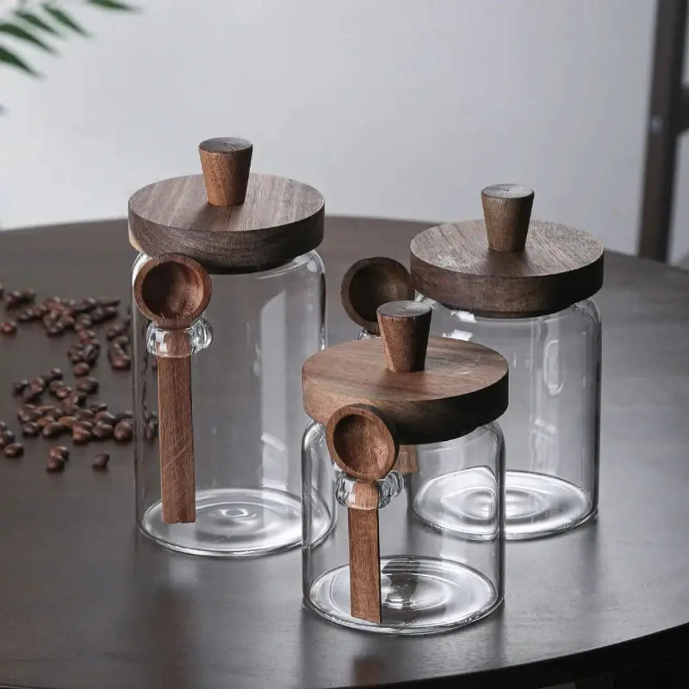 Moisture-Proof Coffee Bean Storage Jar with Wooden Lid and Wood Spoon