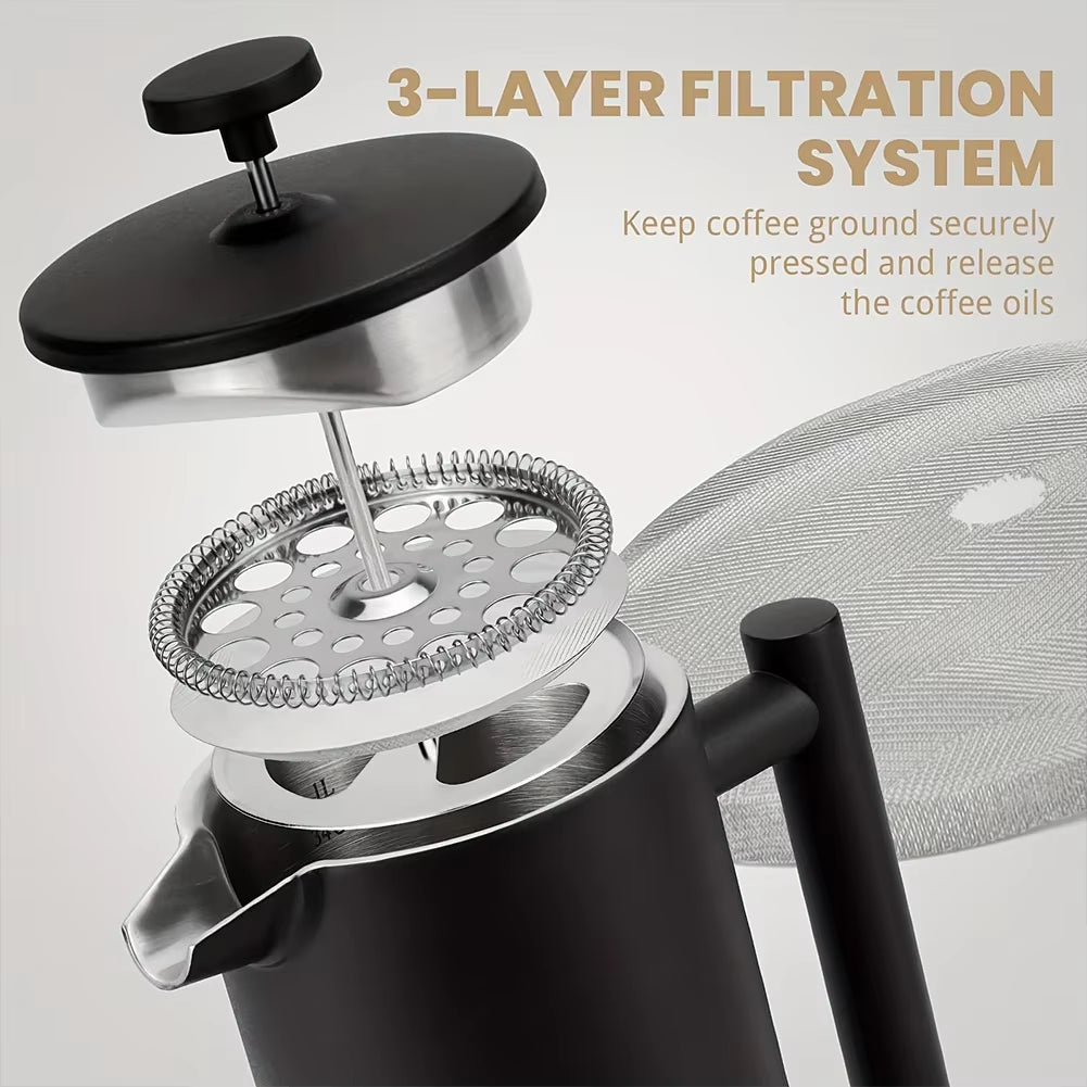 Black French Press Handmade Stainless-Steel Double Walled Insulated 1000Ml Coffee Pot 