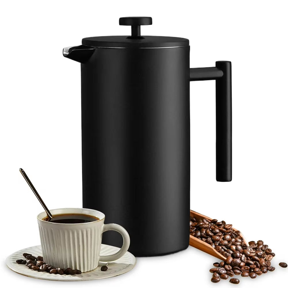 Black French Press Handmade Stainless-Steel Double Walled Insulated 1000Ml Coffee Pot 